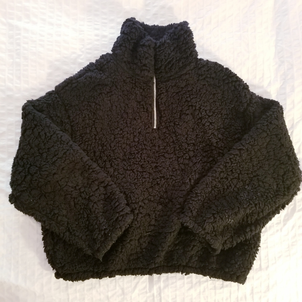 H&M | Black Polar Fleece Teddy Sherpa Sweater Coat Jacket Half Zip